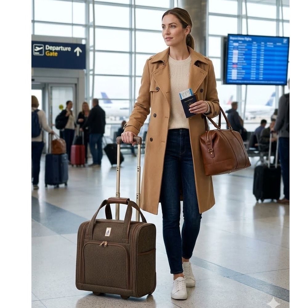 London Fog Manchester Underseat Rolling Bag Brown Herringbone Carry On 8390